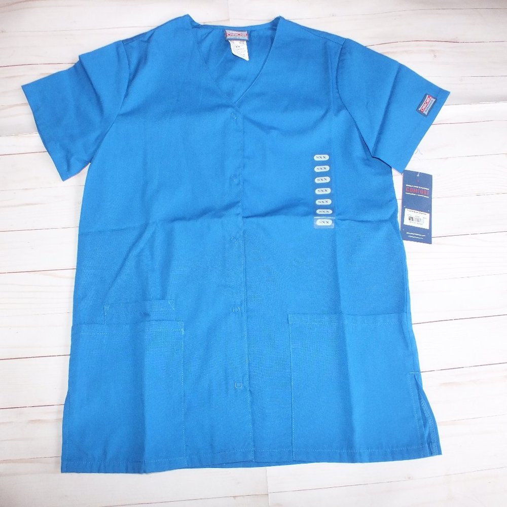CHEROKEE SCRUBS SNAP FRONT V-NECK TOP XXS BLUE